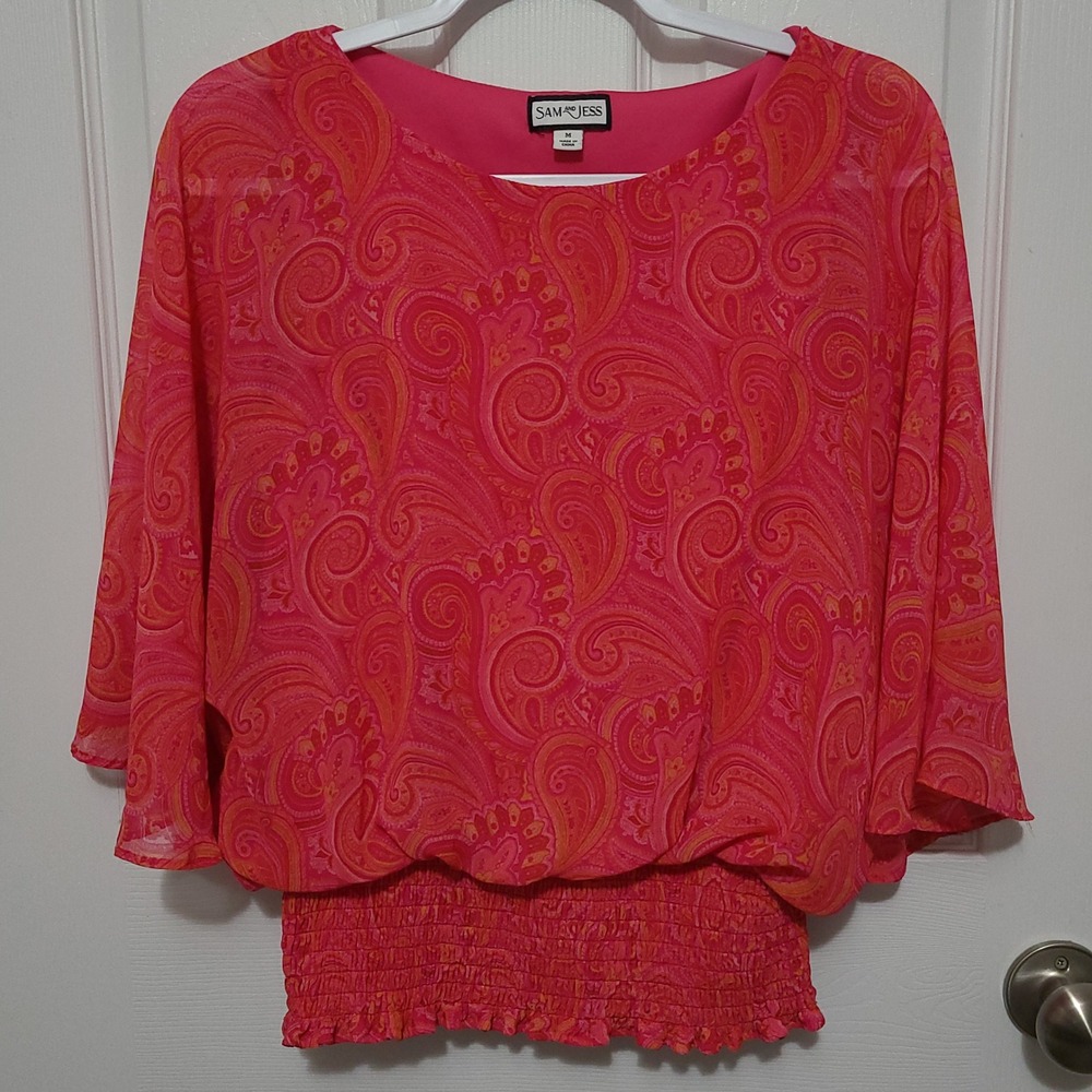 Sam and Jess Blouse Women Medium Pink Paisley Smocked Waist Flutter Sleeve Top